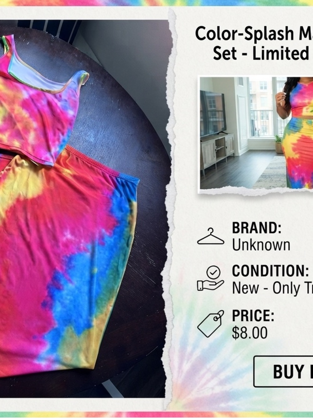 Rainbow tie-dye two-piece tank top and long skirt size medium